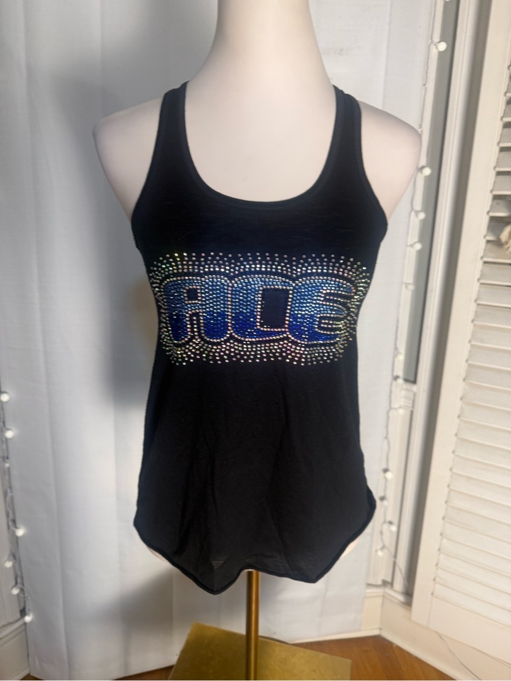 ACE Cheerleading Rhinestone Racerback Tank Top Black Blue Womens M